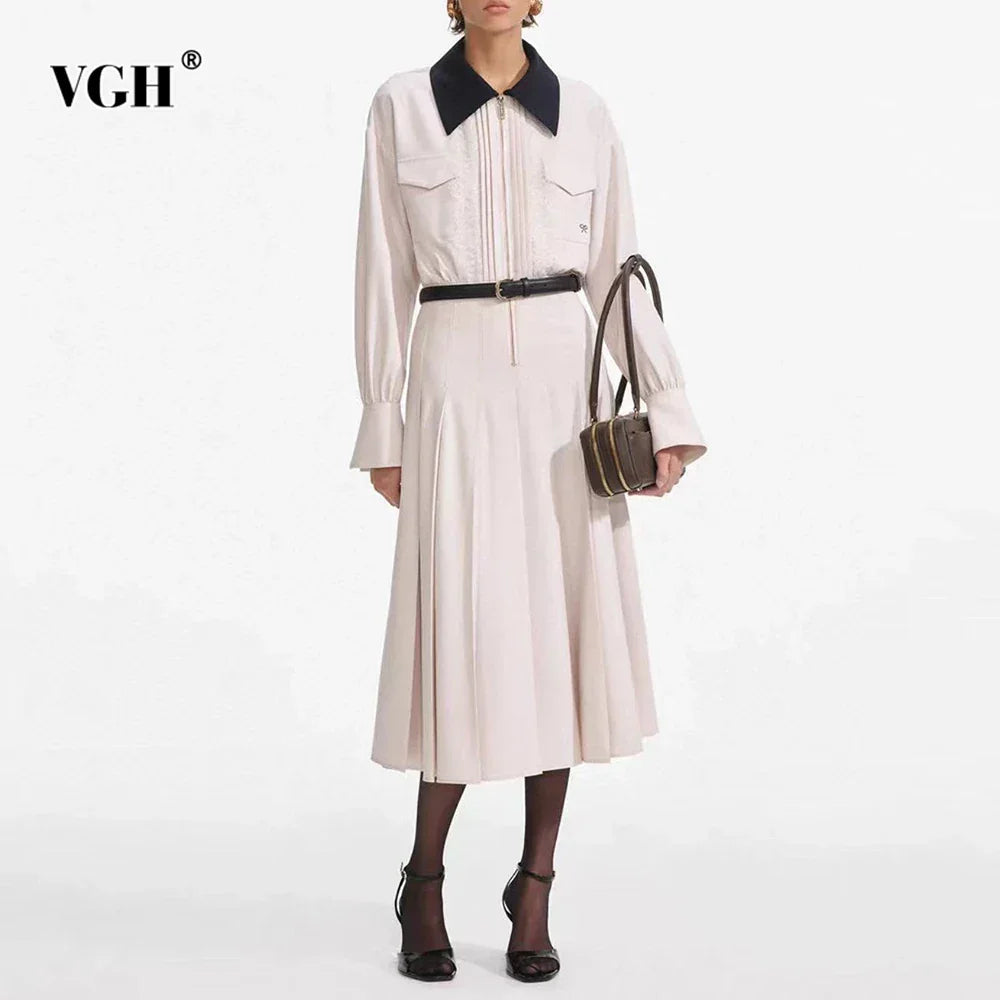 VGH Designer Slimming Hit Color Spliced Belt Long Dresses For Women Lapel Long Sleeve High Waist Temperament Dress Female New