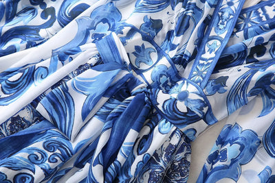 2025 Runway Designer Inspired Women's Silk Maxi Dress | Blue Floral Printed Wrap Dress | Summer Elegant Evening Gown