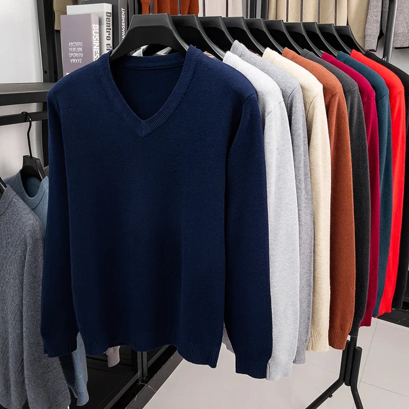 New Sweatwear Men's V Neck Basic Solid Color Sweaters Round Neck Elastic Pullovers Warm Autumn Knitted Oversized Sweater Men
