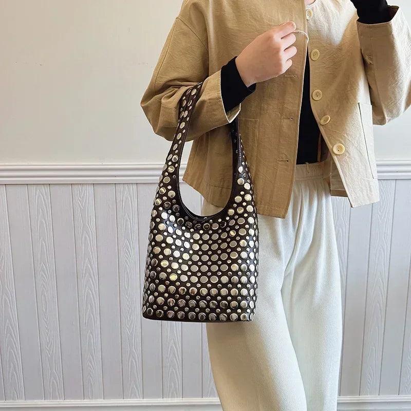 Designer geometric shoulder bag for women top brand handbag luxury shiny rivet handmade evening clutch fashion party