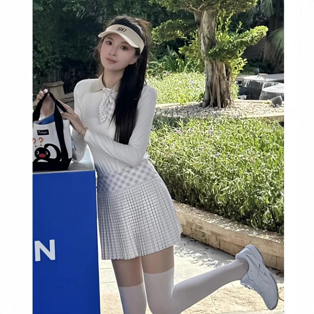 Women's Golfwear for  Slim-Fit Long-Sleeve Top with Polo Collar and Bow Tie, High-End Golf Hundred-Pleat Skirt Suit