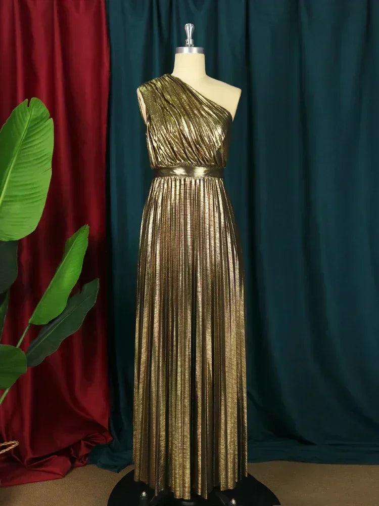 Elegant women even dresses luxury maxi long metallic pleated dress one shoulder sleeveless premium shiny shimmer gowns