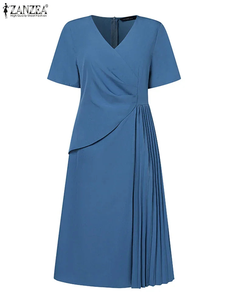 Summer Women Elegant OL Work Sundress V Nek Party Dress 2024 ZANZEA Fashion Short Sleeve Robe Femme Solid Pleated Midi Vestidos