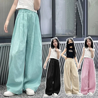 Teens Girls Casual Pants Summer Loose Cool Wide Leg Pants for Kids Daily All-match Thin Children Beach Trousers 8 10 12 14 Years