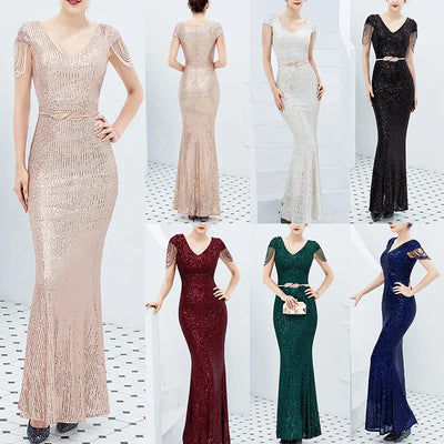 Luxury Sequined Women Evening Dress V Neck Short Sleeve Mermaid Party Gowns Metal Belt Design Sexy Robe Elegant Formal Dresses