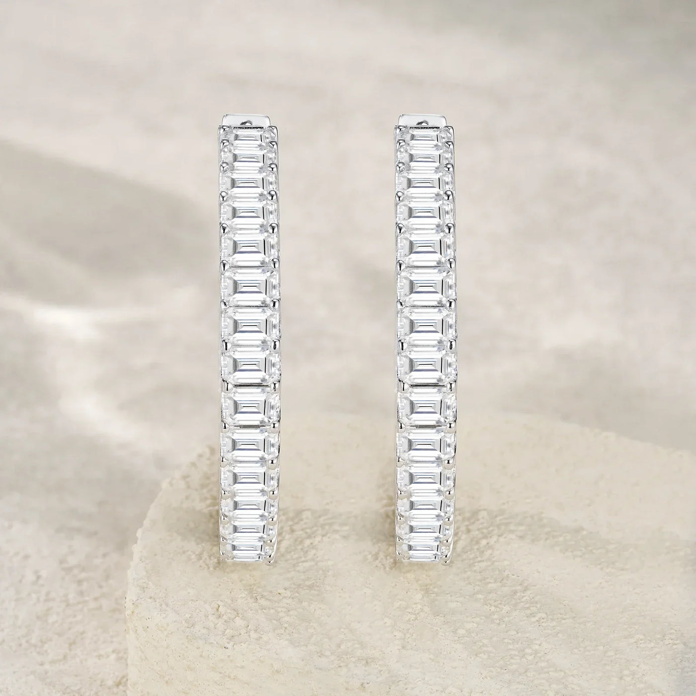 JIUZUAN S925 Sterling Silver Baguette Moissanite Hoop Earrings for Women Full Stone Geometric Design Elegant Jewelry Daily Wear