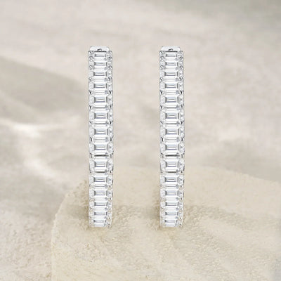 JIUZUAN S925 Sterling Silver Baguette Moissanite Hoop Earrings for Women Full Stone Geometric Design Elegant Jewelry Daily Wear