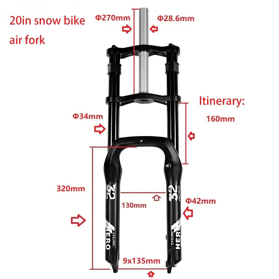 Snow Bike Mechanical Front Fork, 20 ",26",Aluminum Alloy Shoulder Fork,160mm Stroke,Hydraulic Lock,Shock Absorber,4.0 Tire Bike