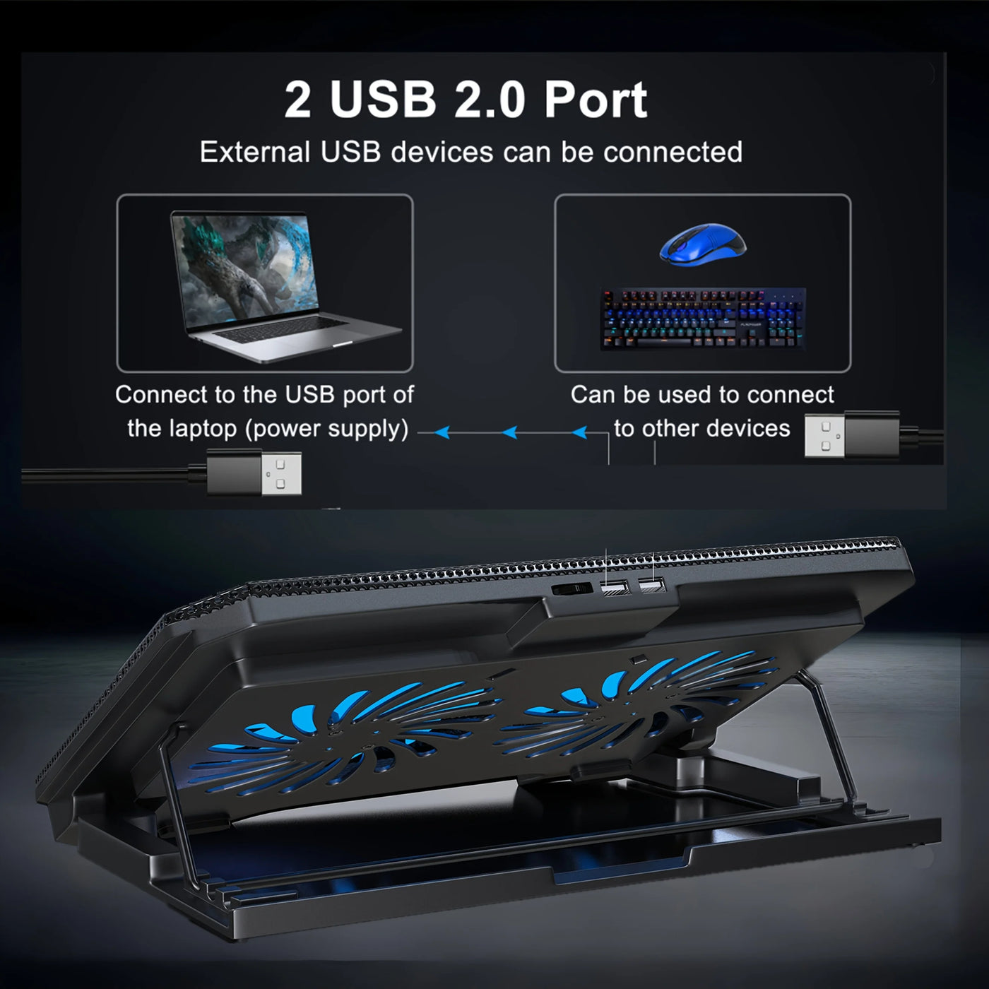 USB Gaming Laptop Cooling Pad with Adjustable Bracket - Blue Led Fan Display, Compatible with 11-17inch Laptop, Durable Structure Suitable for High Performance Games and Multiple Tasks, Notebook Cooler, Multi-Ask Accessories,