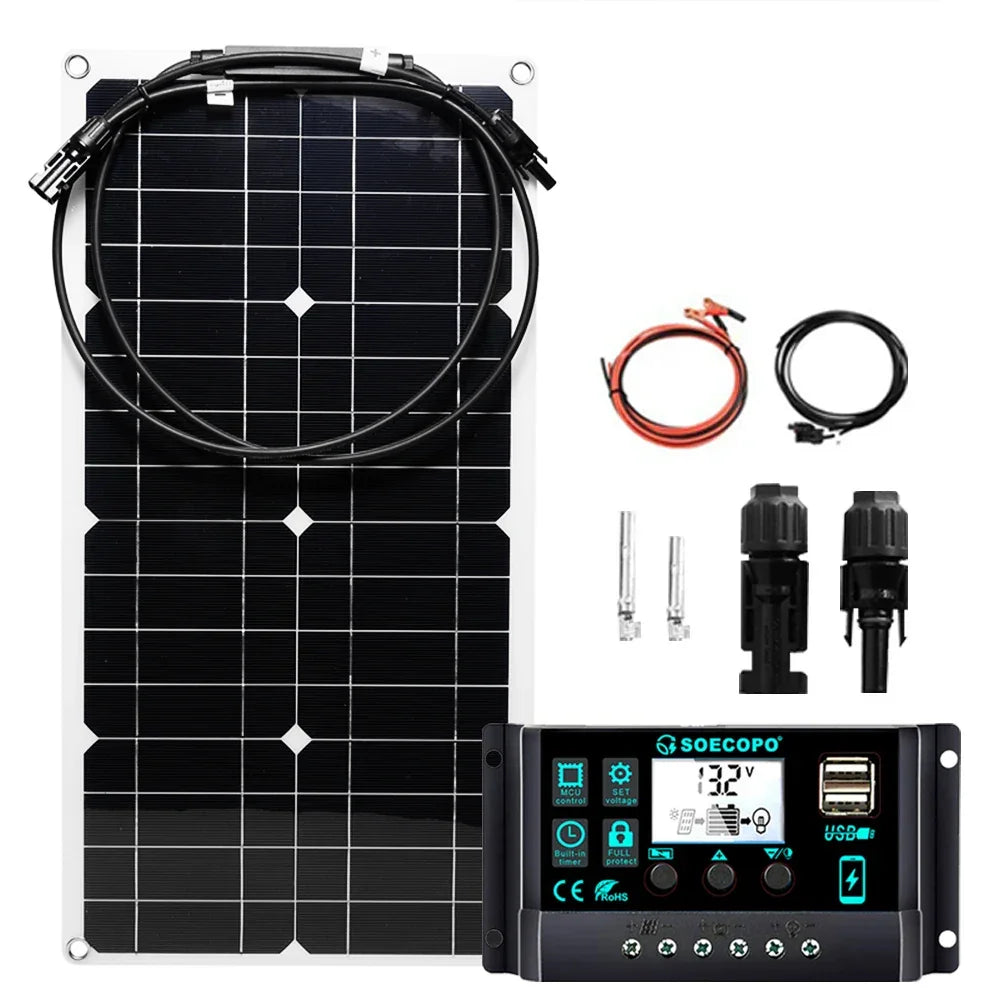 Portable 2500W Solar Panel Kit for Camping - Camper Accessories with 5V1.5A USB, Compact Solar Kit with 10A - 100A Controller
