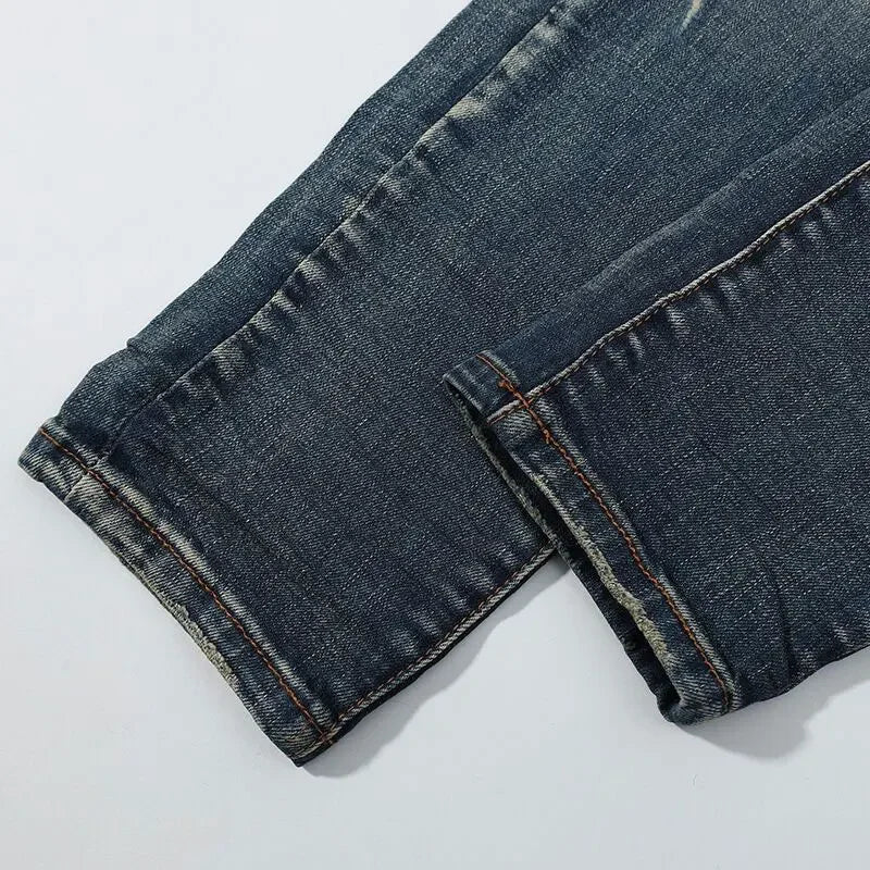 Fashionable new men's jeans with pleated elastic slim fit, retro washed blue jeans, high street designer hip-hop brand pants, ho