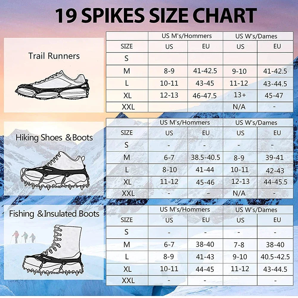 Crampons Shoes 19 Spikes Ice Snow Gripper Shoes Camping Anti-Slip Climbing Protect for Jogging Walking Hiking on Snow Ice