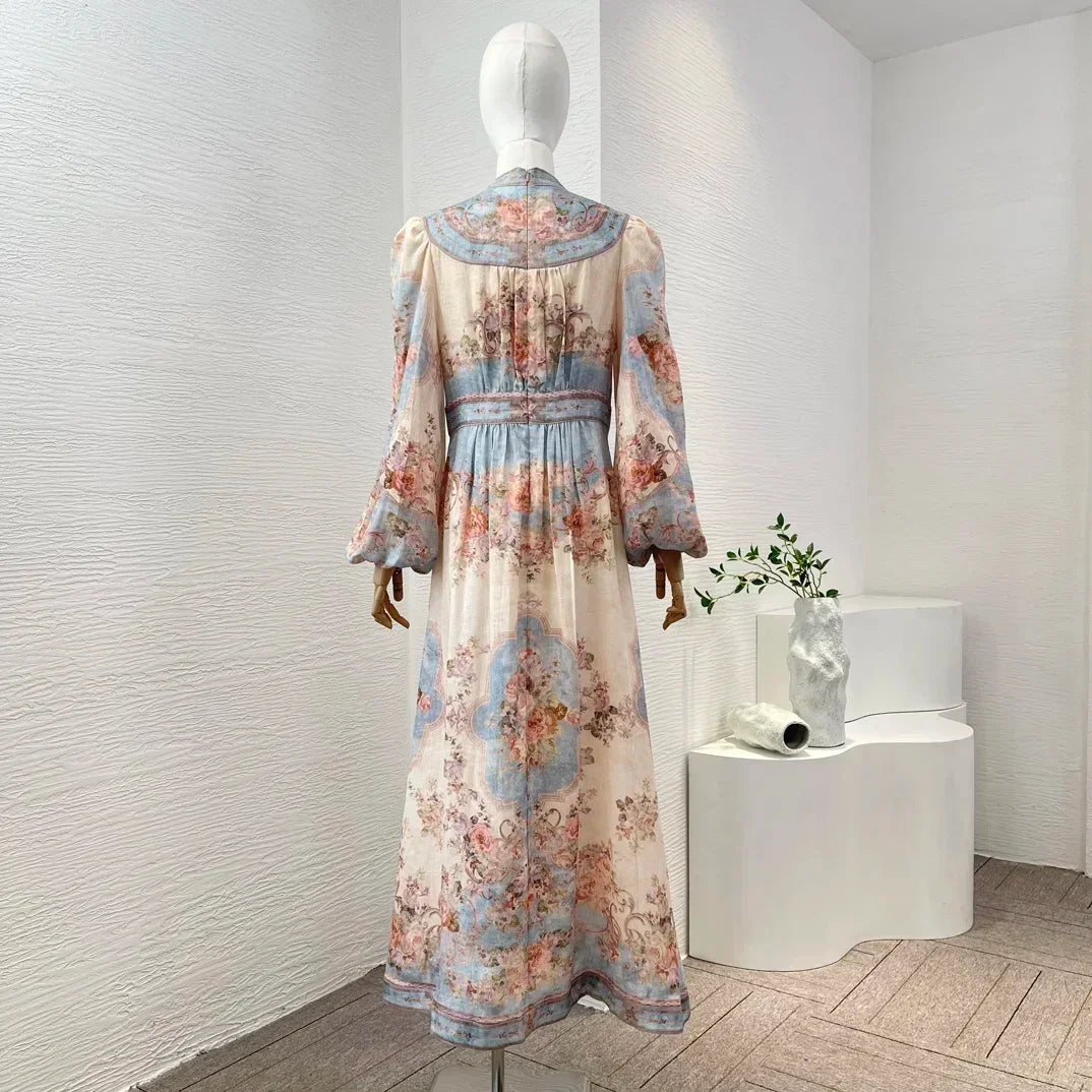 New High Quality Linen Elegant Long Lantern Sleeve Floral Print Waist Women Re-tro Midi Dress
