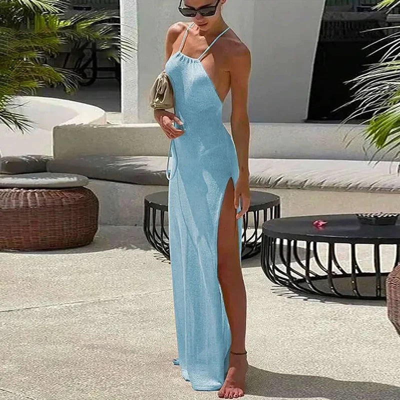 2025 Knitted Cover Up Beach Sexy See-through Long Slit Slim Dress Summer Bikini Cover Up Elegant Halter Neck Beach Skirt