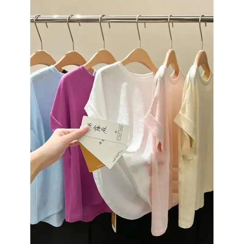 Women's Linen Round Neck Transparent Tops