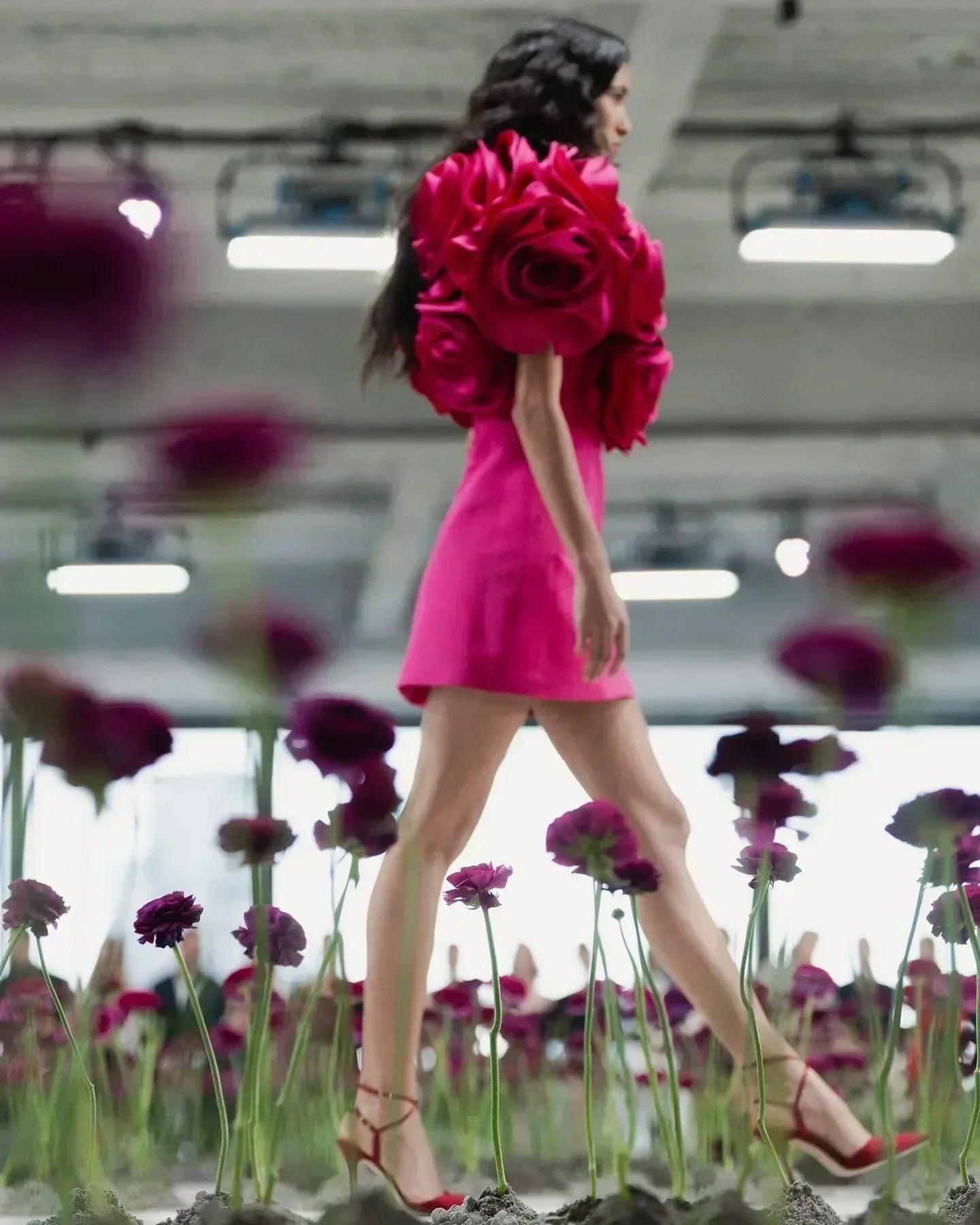 Beautiful fuchsia mini party dresses with handmade flower details short women to engagement
