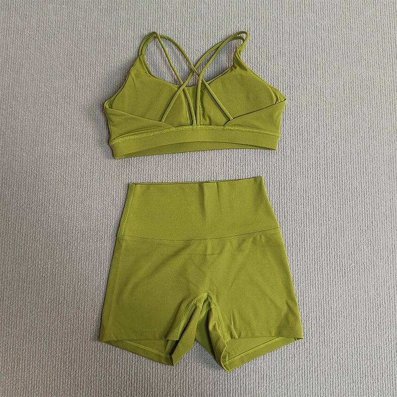 2 Pieces Yoga Set Gym Shorts Sports Set Women Workout Outfit Fitness Suit Cross Straps Bra High Waist Shorts Running Tracksuit