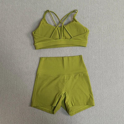 2 Pieces Yoga Set Gym Shorts Sports Set Women Workout Outfit Fitness Suit Cross Straps Bra High Waist Shorts Running Tracksuit