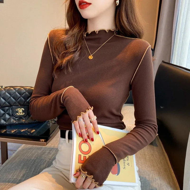 Double-Sided Cashmere Base Layer Women's Warm Half-High Collar Ruffle Long Sleeve T-Shirt Top