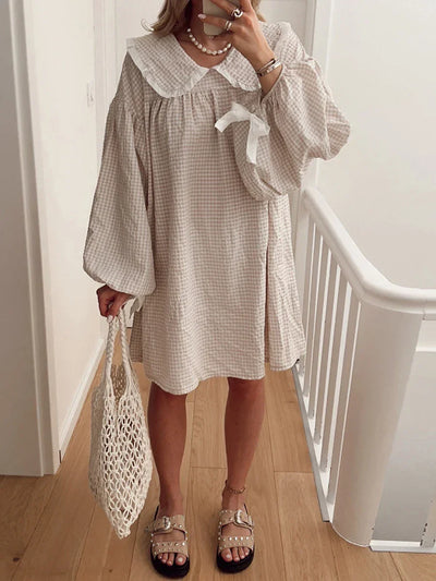 Gaono Women Y2K Gingham Babydoll Dress Puff Long Sleeve Plaid Mini Dress Peter Pan Collar Ruffle Short Dress Streetwear