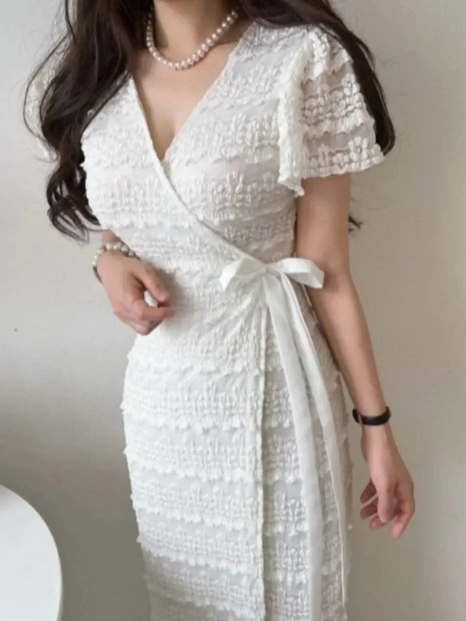 Elegant Sexy Crochet Flower Short Sleeve V Neck Dress, Slim Fit High Waisted Lace Up Dress for Women