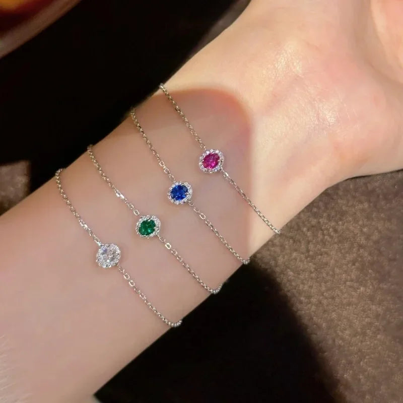 simple fine chain Light luxury full diamond surround exquisite bangles blue/red/white/green oval bracelet layering jewelry