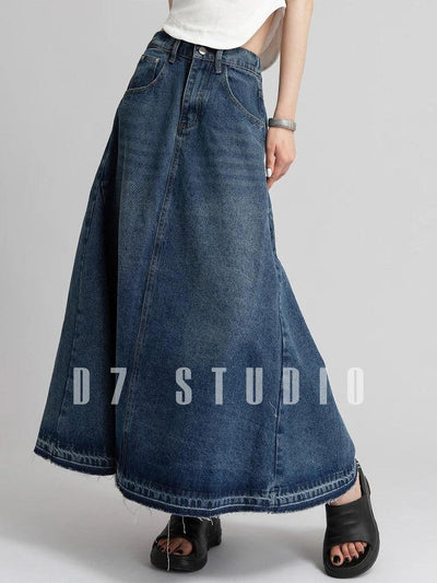 American Street Style Low Waist Large Hem Heavy Craft Retro Washed Frayed Denim Midi Skirt, Slimming A-line Skirts for Women