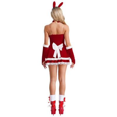Women Sexy Lingerie Christmas Costume A-line Cami Dress with Arm Sleeves Choker Headwear Carnival Rave Party Role Play Clubwear
