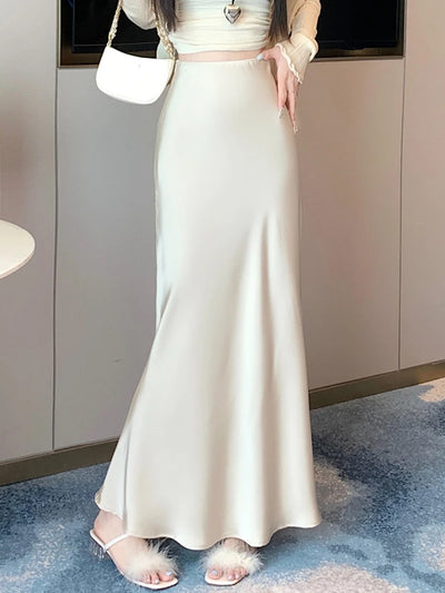 Elegant Satin Long Skirts Women Korean Fashion Clothes Elastic High Waist Black Skirt 2025 Streetwear Summer A Line Midi Skirt