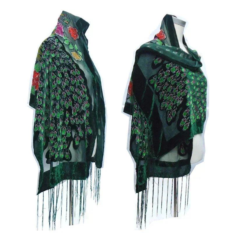 Fashion black peacock velvet scarf women shawl ponchos bandanas