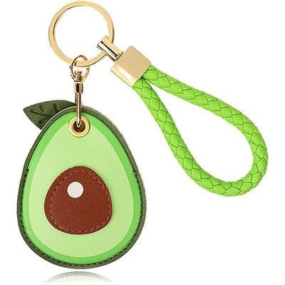 Avocado AirTag leather keychain holder with hand straps and woven accents
