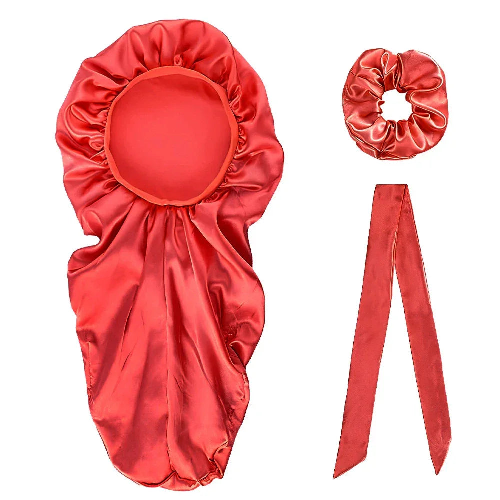 3pcs Long Bonnet Set Long Bonnet Satin Bonnet Silk Bonnet Extra Large Bonnets Silk Hair Bonnet long streamer nightcap