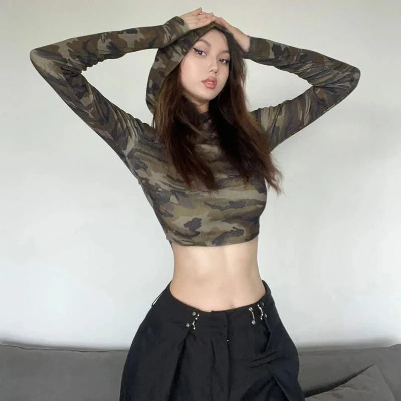 American Camo Streetwear Tops Women Back Hollow Out