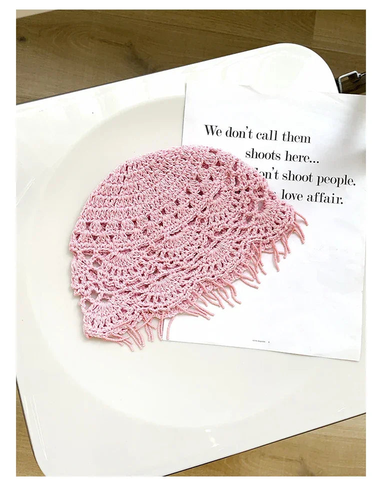 Personalized Beaded Fringed Knitted Beanies for Women Summer Autumn Thin Hollow Versatile Casual Retro Ethnic Style Pullover Hat