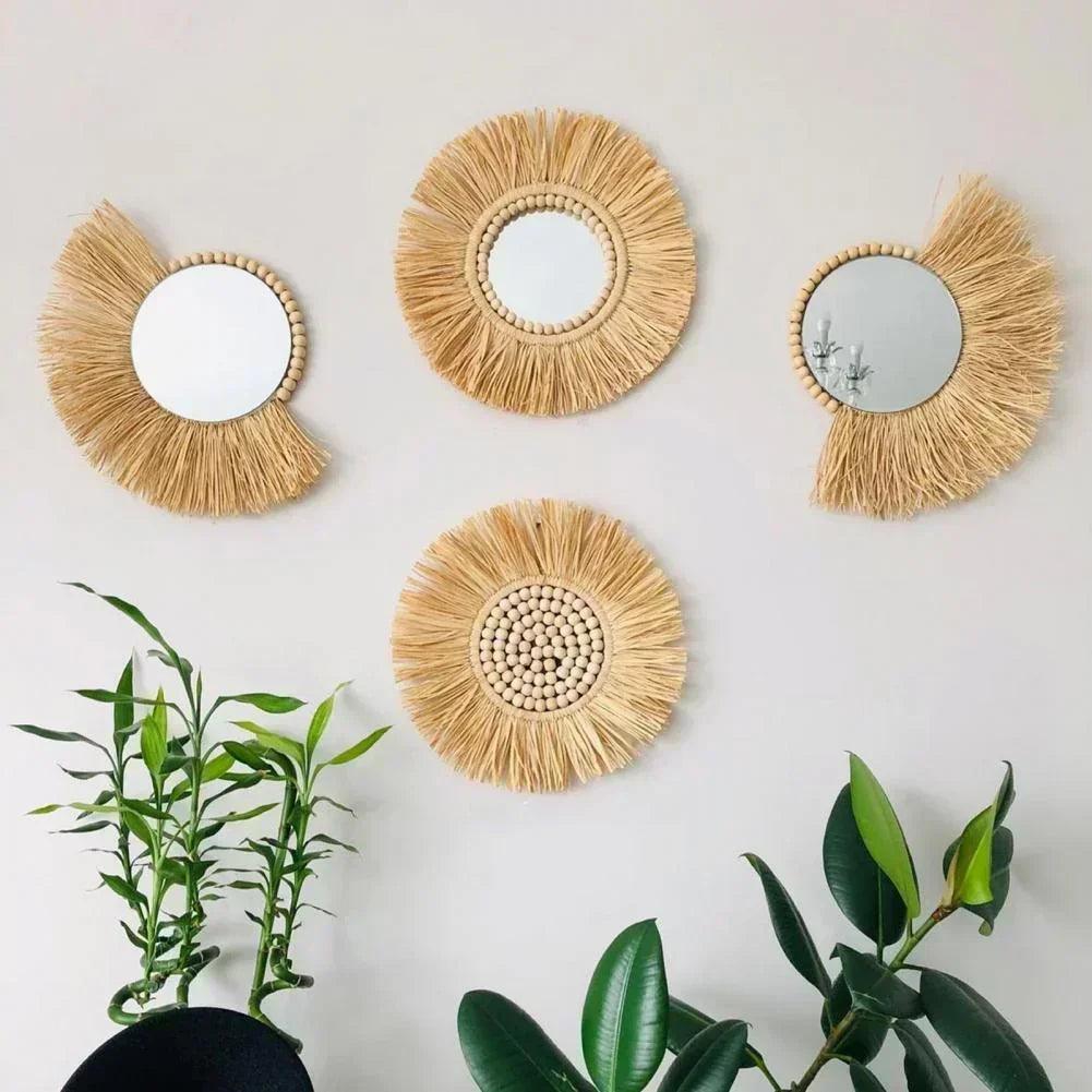 Home decor hanging mirror raffia wood beads acrylic multifunct decorative decorations bedroom wall room