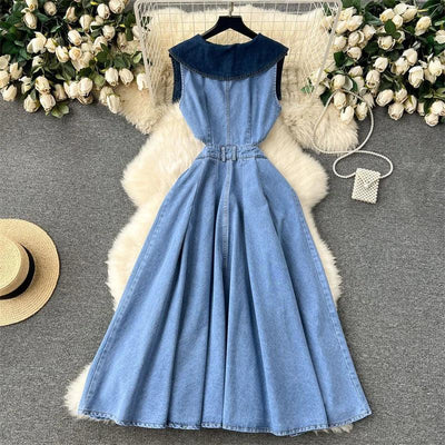 Designer Denim Dress Women Long Dresses Single Breasted Big Turn-down Collar Waist Slimming Temperament Split A-Line Vestidos