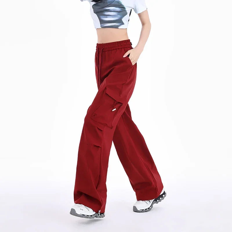 American Drawstring Fashion Women's Pants Casual Pocket Cargo Pants Female Straight Baggy Outdoor Sweatpants Red Apricot Khaki