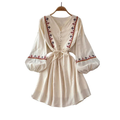 European American Style Women's New Cotton Linen 2024 Fashionable Lace Up Waist Slimming Patchwork Embroidered Short Dress A132