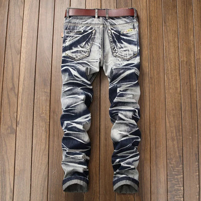 2025 Men's Fashion Vintage Jeans Slim Straight Leg Tie Dye Pleated Biker Denim Pants Male Casual Pants Oversized 42 High Quality