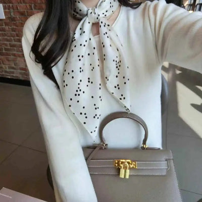 Women's Elegant White Black Polka Dot Design Satin 70cm Silk Scarves  100% Mulberry Silk