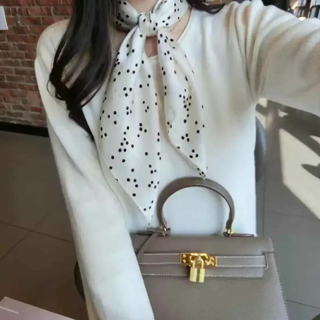 Women’s elegant white black polka dot design satin 70cm silk scarves 100% mulberry