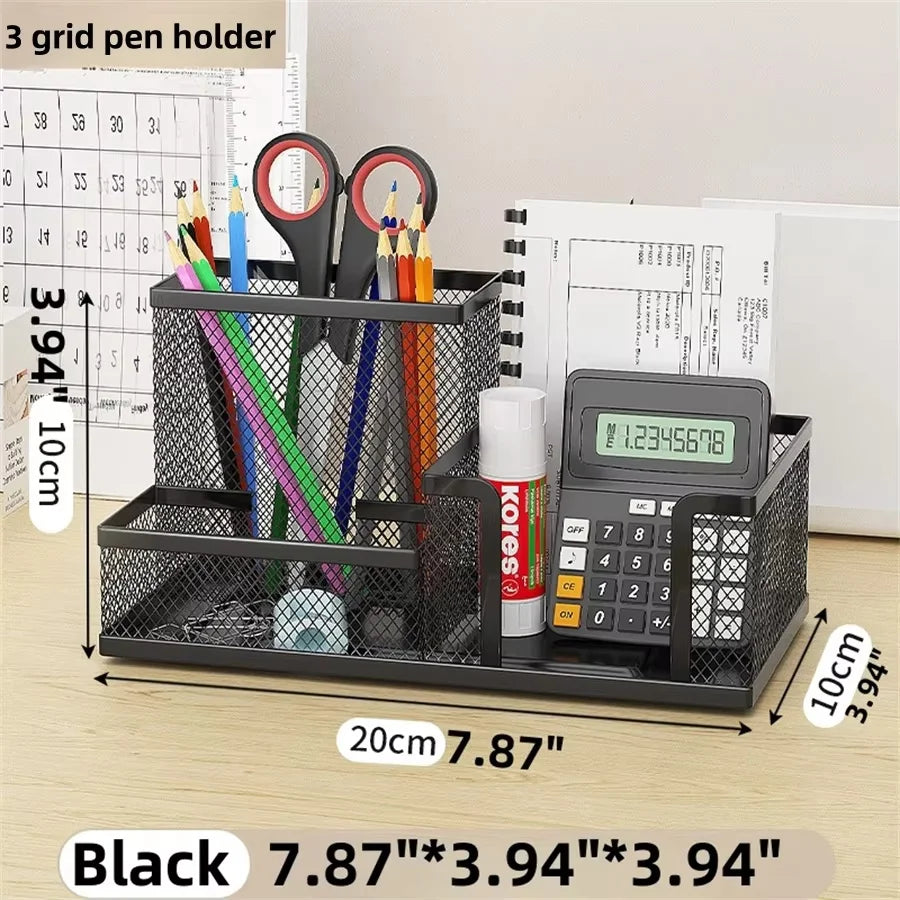 Black Mesh Desk Organizer - 3 Compartments with Pencil Holder & Storage Baskets, Tame Desktop Clutter Fast for Office Supplies