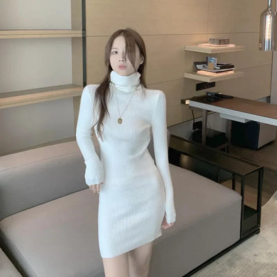 Xpqbb Turtleneck Sweater Dress for Woman Autumn Winter New Solid Slim Knitted Mini Dress Women Sexy Skinny Short Bodycon Dresses