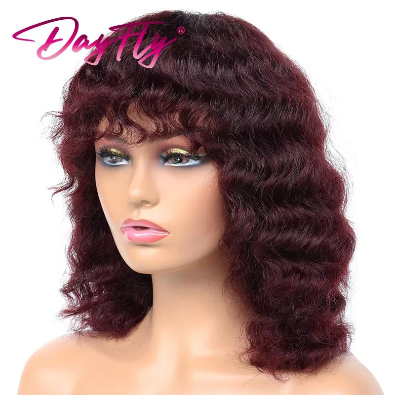 Short Curly Human Hair Wig Brazilian Hair Deep Wave Wig With Bangs Natural Human Hair Machine Made Wig For Women
