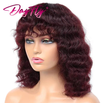 Short Curly Human Hair Wig Brazilian Hair Deep Wave Wig With Bangs Natural Human Hair Machine Made Wig For Women