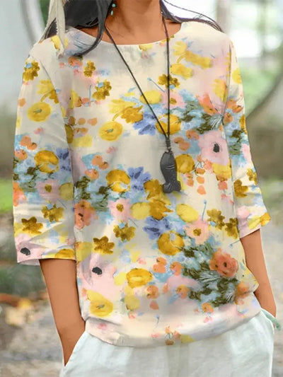 Women's Linen Bohemian Floral Printed  3/4 Sleeve O-Neck Top