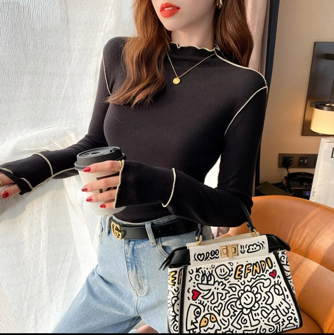 Double-Sided Cashmere Base Layer Women's Warm Half-High Collar Ruffle Long Sleeve T-Shirt Top