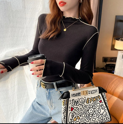 Double-Sided Cashmere Base Layer Women's Warm Half-High Collar Ruffle Long Sleeve T-Shirt Top