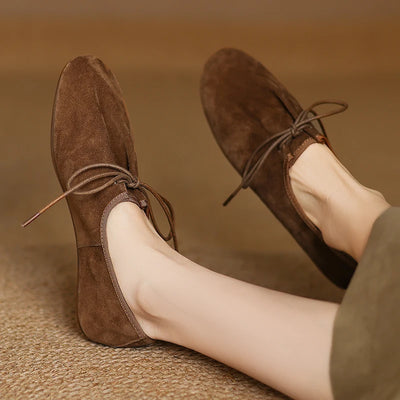2025 New Women Suede Shoes Fashion Round Toe Lace-up Loafers Flats Ladies Loafers Female Casual Trainers Street Fashion Flats