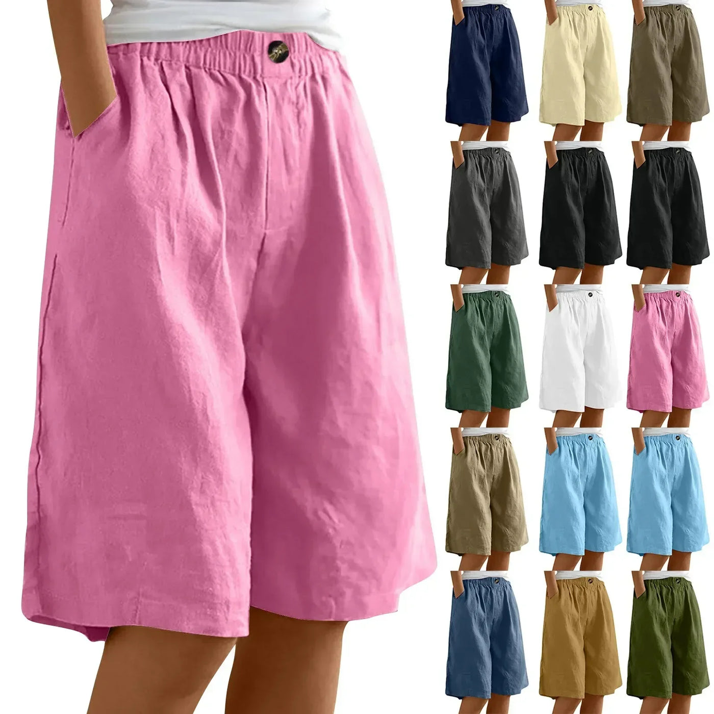 Women's Fashion Solid Color Cotton Linen Shorts - Loose Elastic Waist Capris with Pocket and Button Up Design